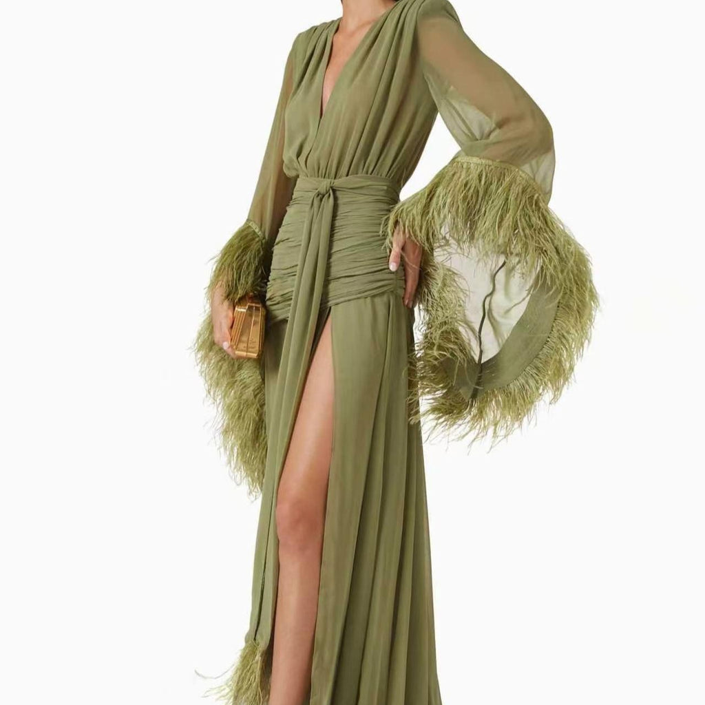 Robe de soirée unie à manches longues et coupe ajustée pour le printemps