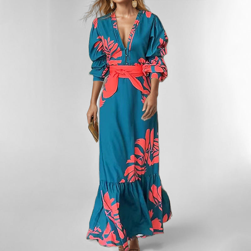 Women Clothing Elegant Printing Lace up Waist Bubble Long Sleeve Dress