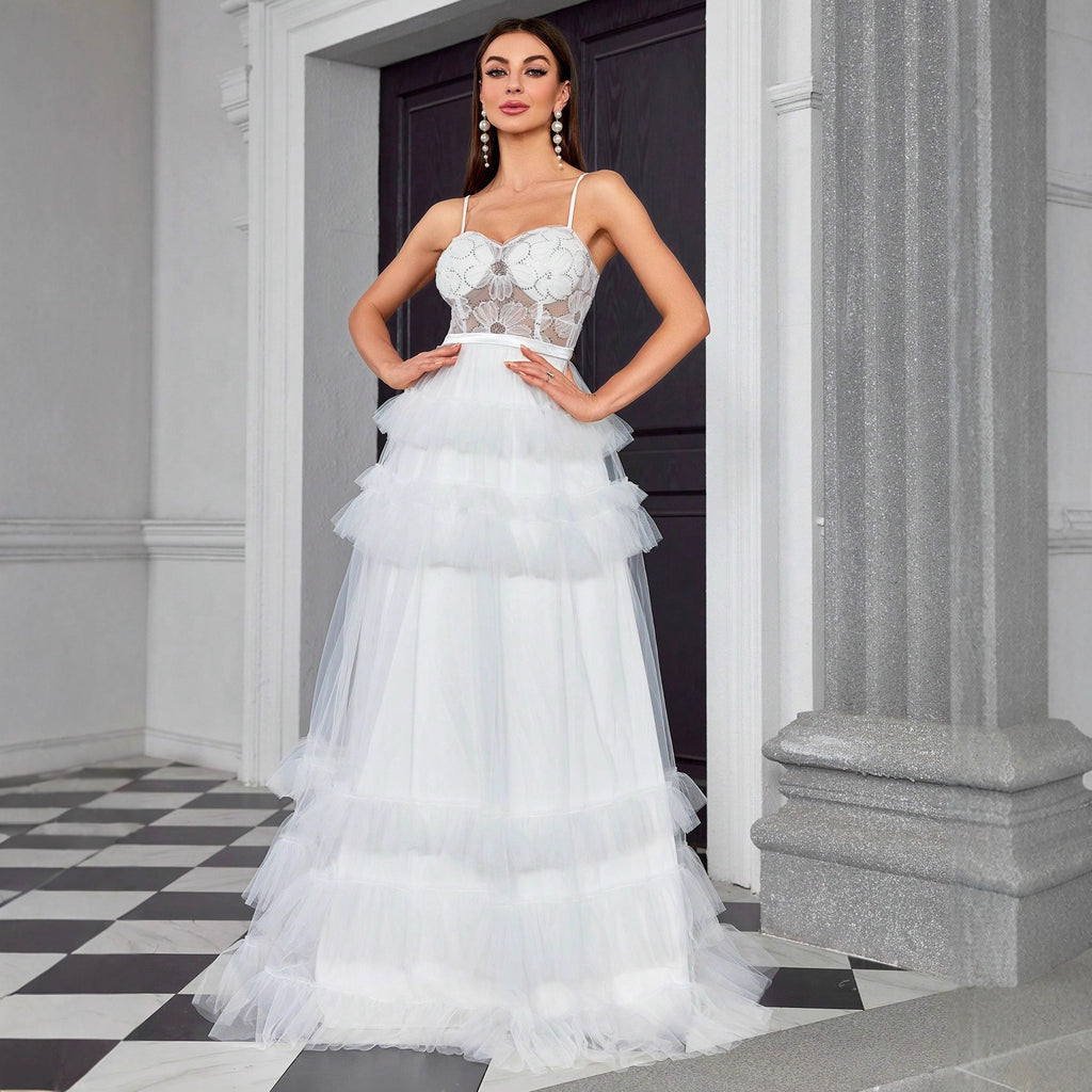 Robe longue sexy à bretelles fines, bustier en maille, coupe ajustée, robe de soirée pour femme