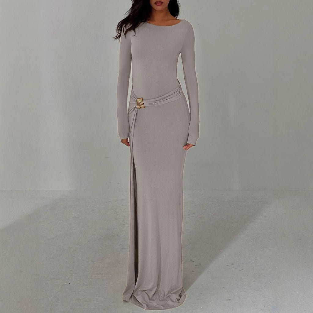 Robe maxi femme col rond fendue manches longues robe d'automne