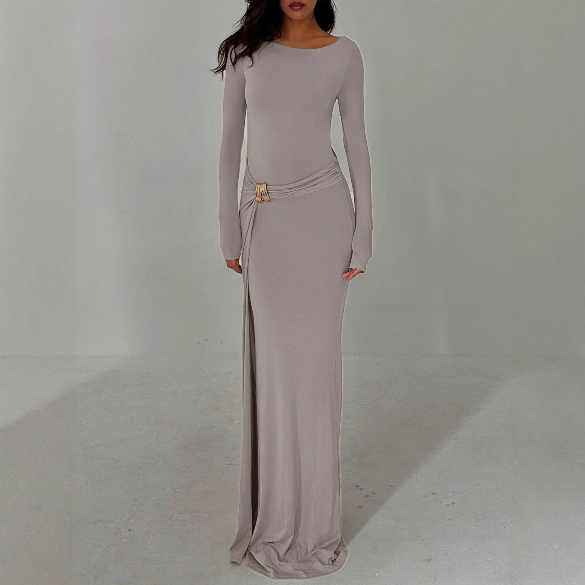 Robe maxi femme col rond fendue manches longues robe d'automne