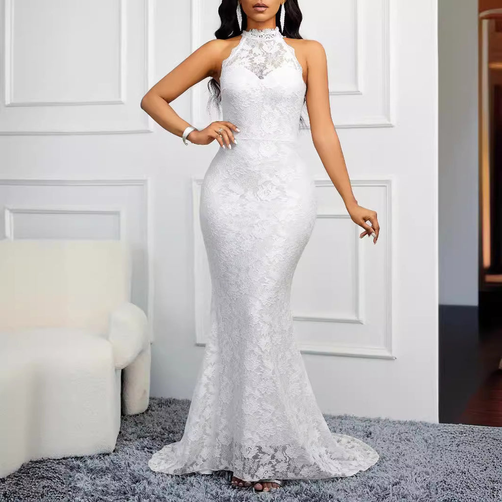 Spring Backless Solid Color Trailing Elegant Slim Party Women Evening Dress