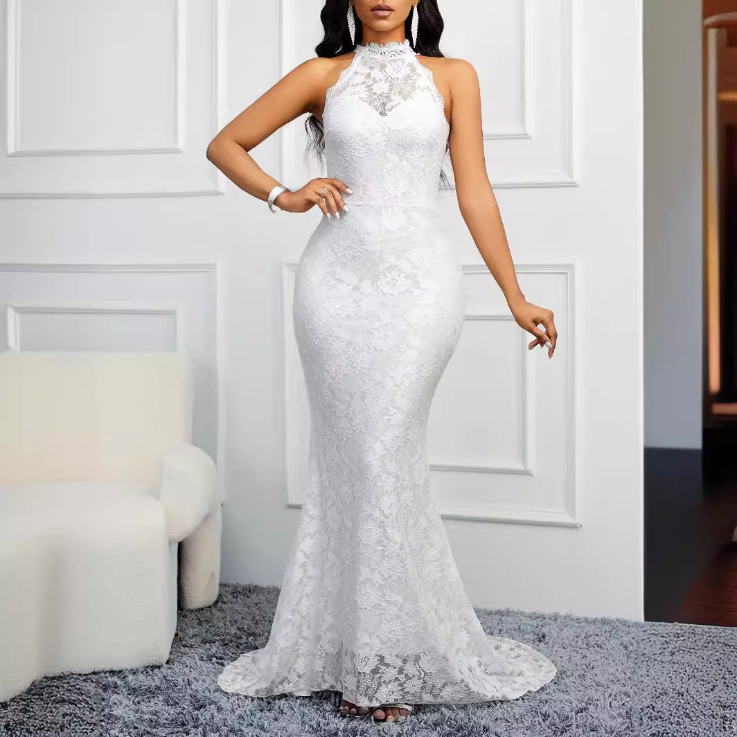 Spring Backless Solid Color Trailing Elegant Slim Party Women Evening Dress