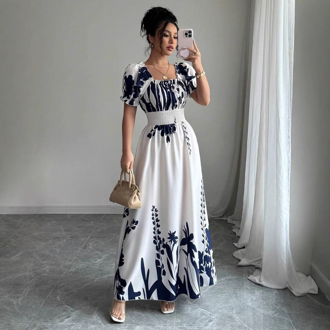 Summer Bubble Sleeve High Waist Tight Waist Women Printed Wear Large Swing Sling Dress