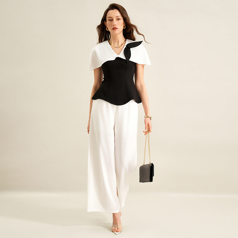 Chemise longue en jersey d'été élégante pour le bureau, coloris noir et blanc assorti, vêtements pour femmes