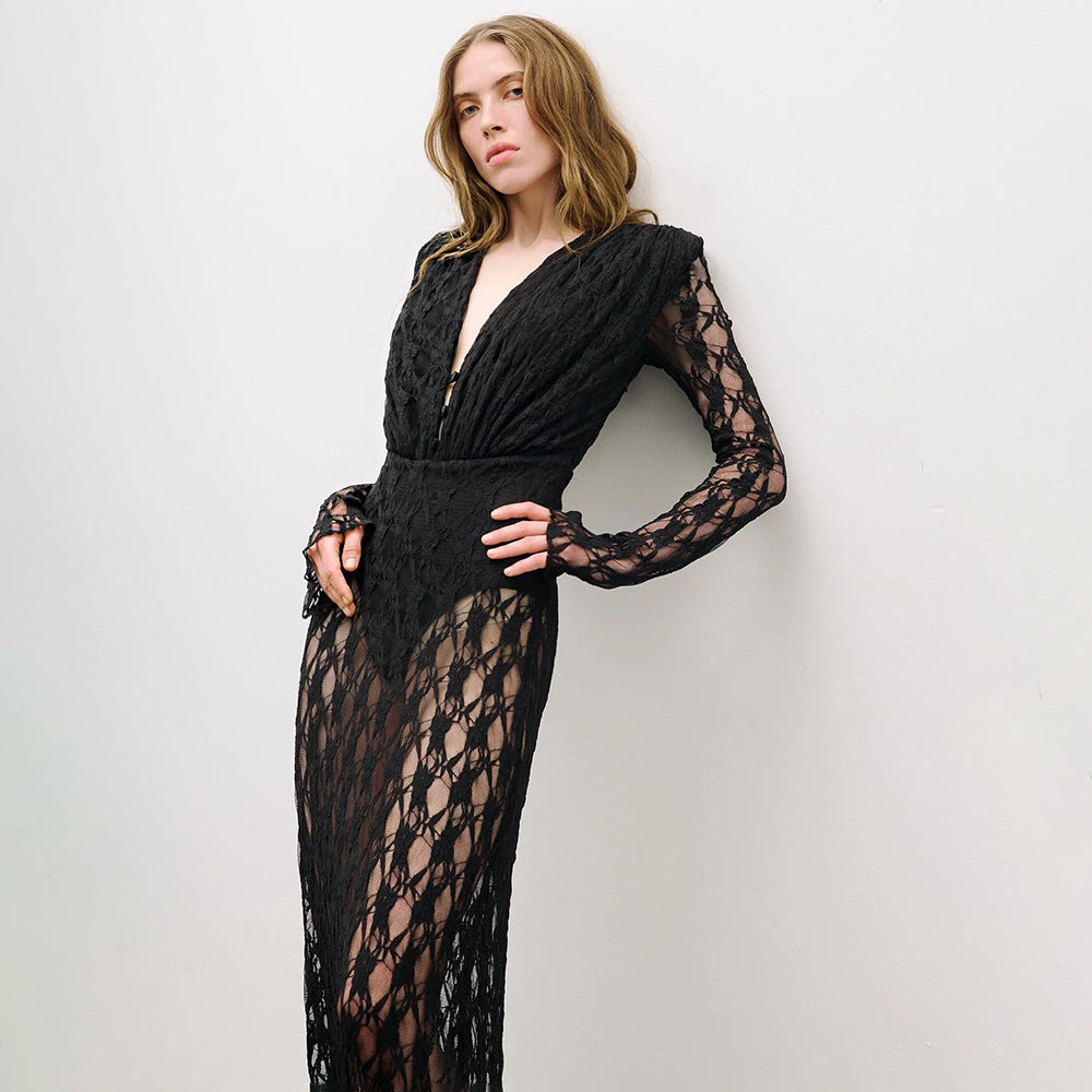 Robe d'automne-hiver en dentelle française à manches longues doublée, vêtements pour femmes, robe sexy de soirée, robe de Noël