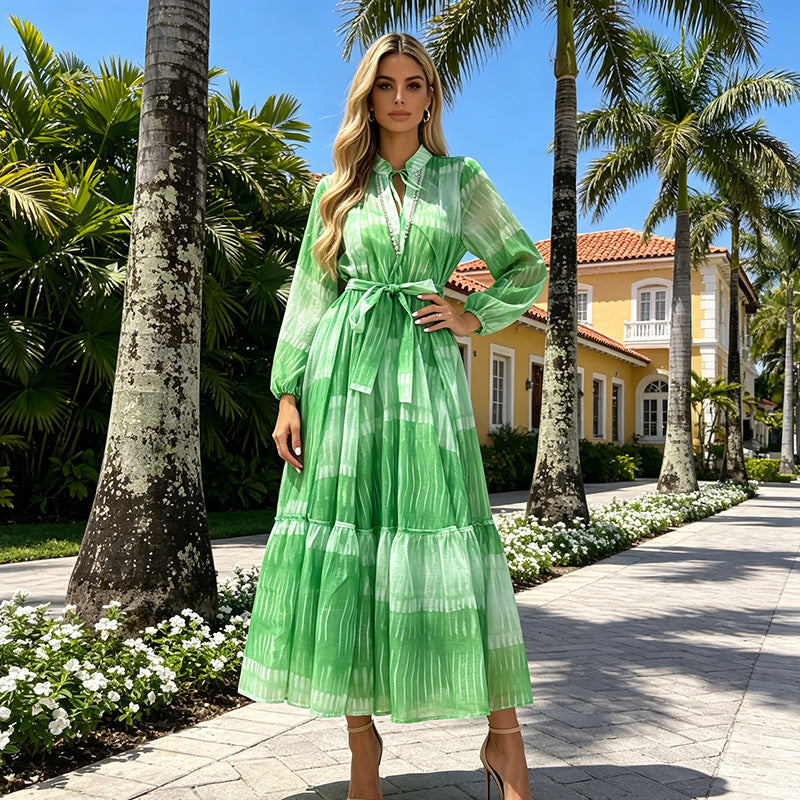 Robe Rétro Artistique Automne Ceinturée Plaid Contraste de Couleurs Élégante Robe Haut de Gamme Femme