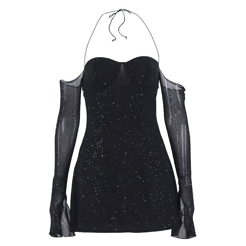 Robe sexy à manches longues en maille, col halter, épaules dénudées, sequins, avec anneaux en acier