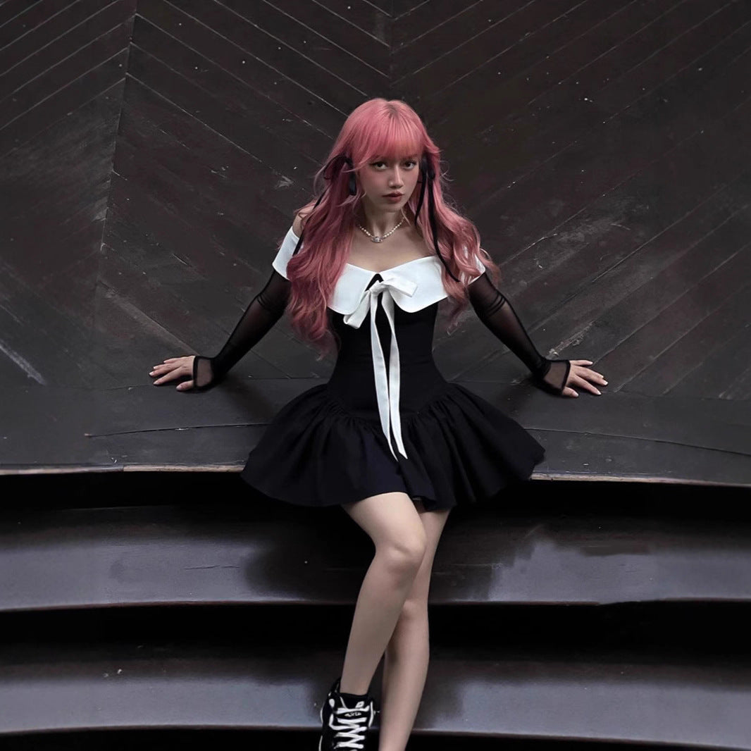 Autumn College Cute Bow Dress Sweet Spicy Doll Collar Contrast Color