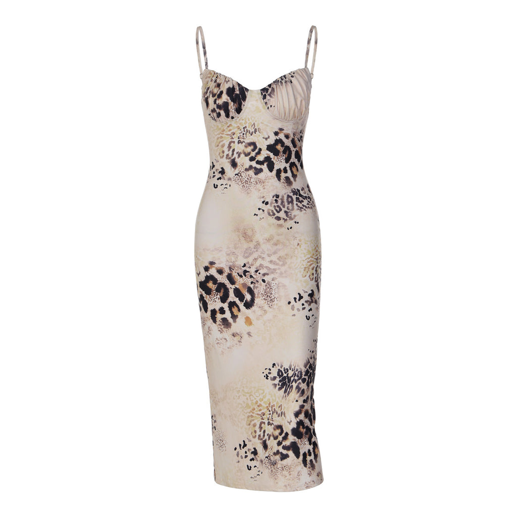 Women Clothing Summer Leopard Print Printed Lace up Backless Sexy Sling Sheath Dress