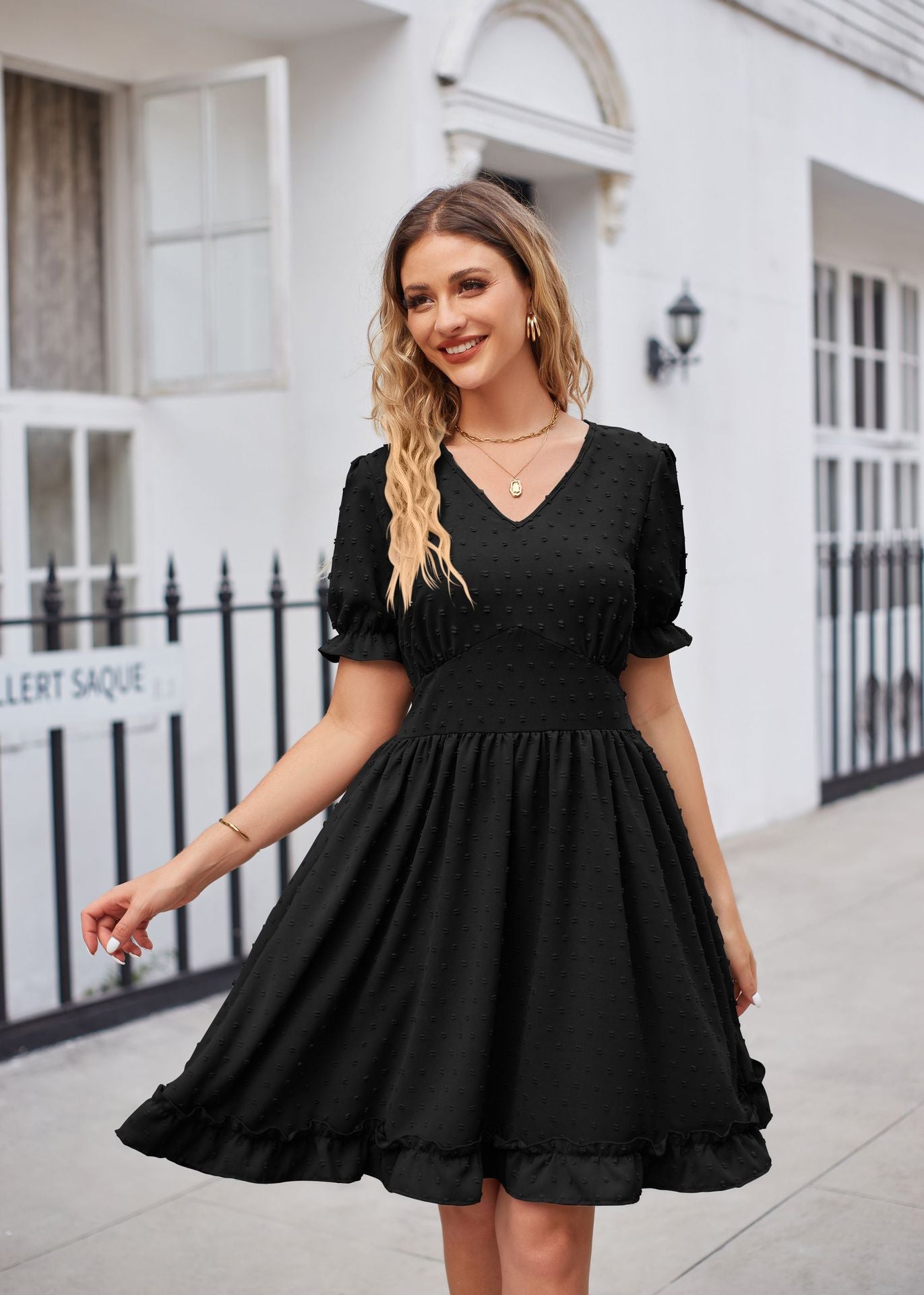 Summer Women Clothing Jacquard V neck Tight Waist Beach Elegant Dress