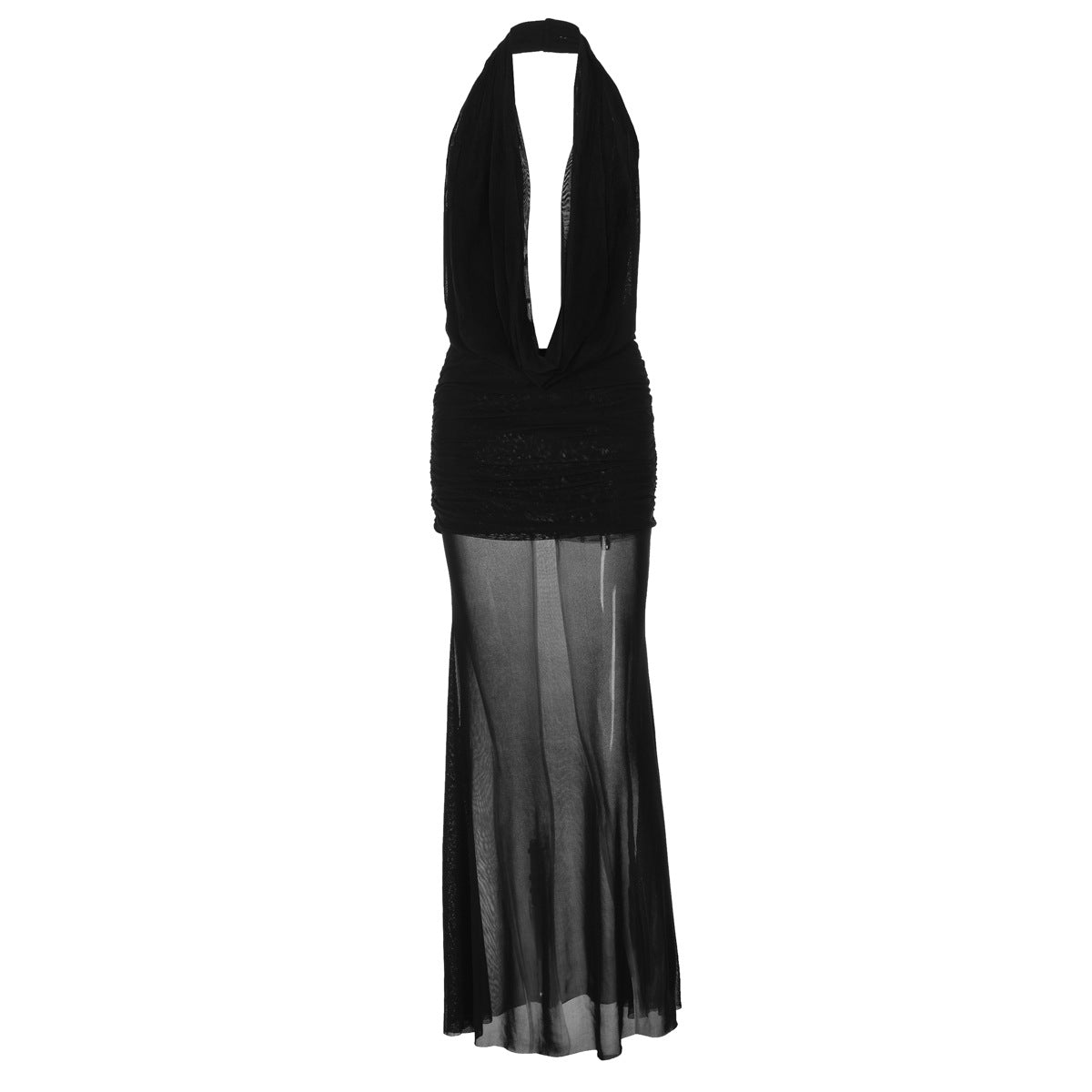 Conjunto de dos piezas de vestido de malla a juego con escote halter, escote en V profundo y espalda descubierta con huecos en la cadera