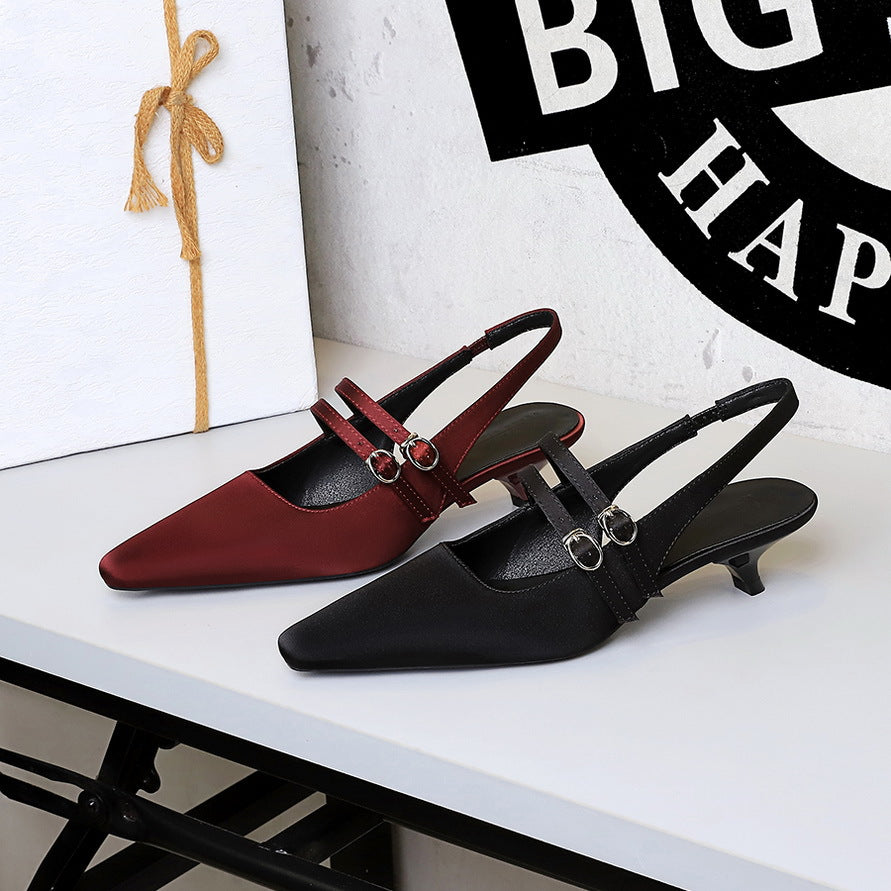 Korean Pointed Toe Strap Hollow Out Cutout Back Shoes Back Strap Comfortable Low Heel Pumps Low Cut Wine Cup Heel Satin Women Shoes