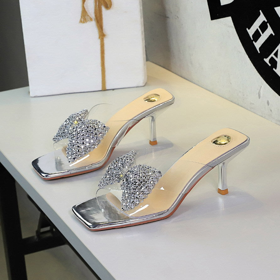 Rhinestone Bow Square Toe Open Toe Slippers Transparent Slip on Stiletto Heel Outdoor Slippers
