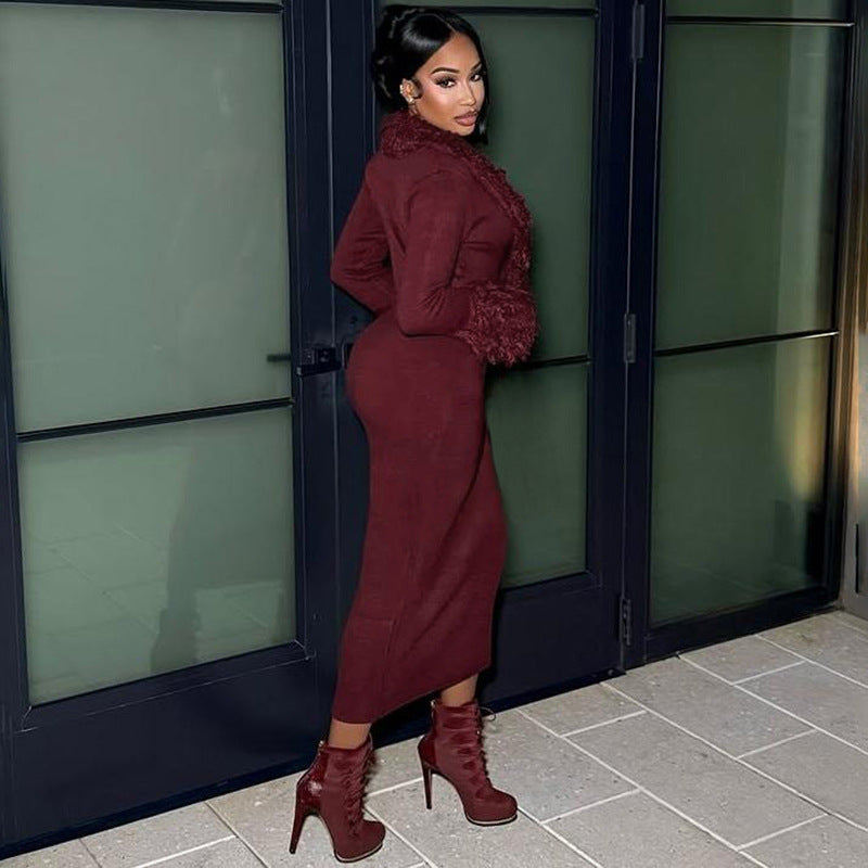 Autumn Winter Women Long Sleeved Tassel Sexy Deep V Plunge neck Solid Color Knitted Hip Wrapped Sexy Dress