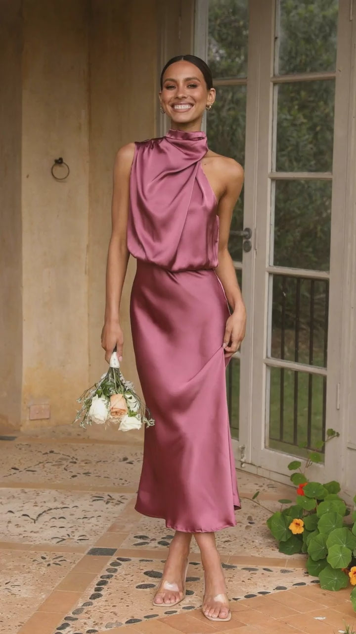 Summer Mature Elegant Women Clothing Sleeveless Halter Solid Color Satin Dress