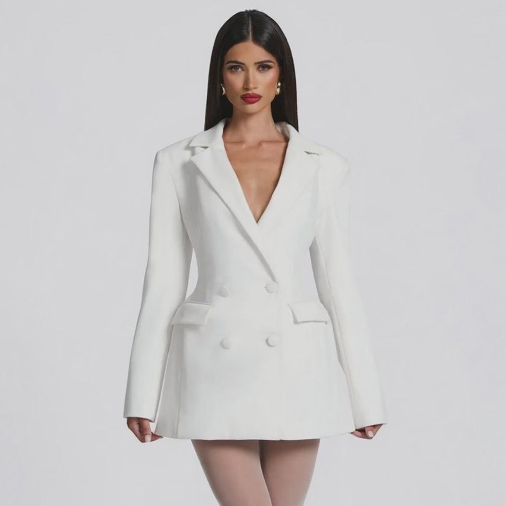 Women Clothing Autumn Solid Color Casual Slim Fit Suit Long Sleeve Bud Faux Pocket Dress