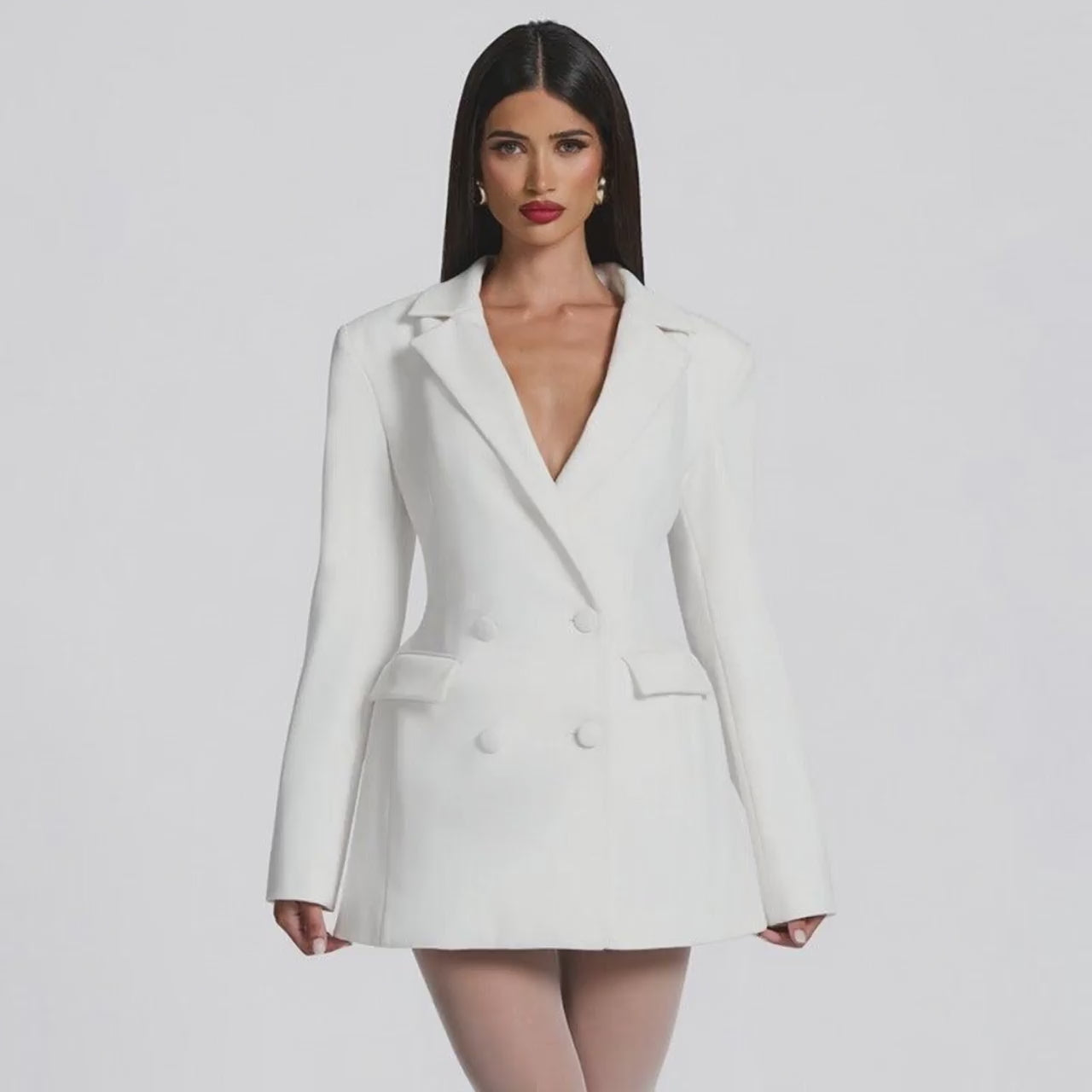 Women Clothing Autumn Solid Color Casual Slim Fit Suit Long Sleeve Bud Faux Pocket Dress